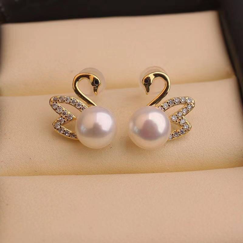 Pendientes de cisne de oro con diamantes - Pendientes de cisne de oro con perla