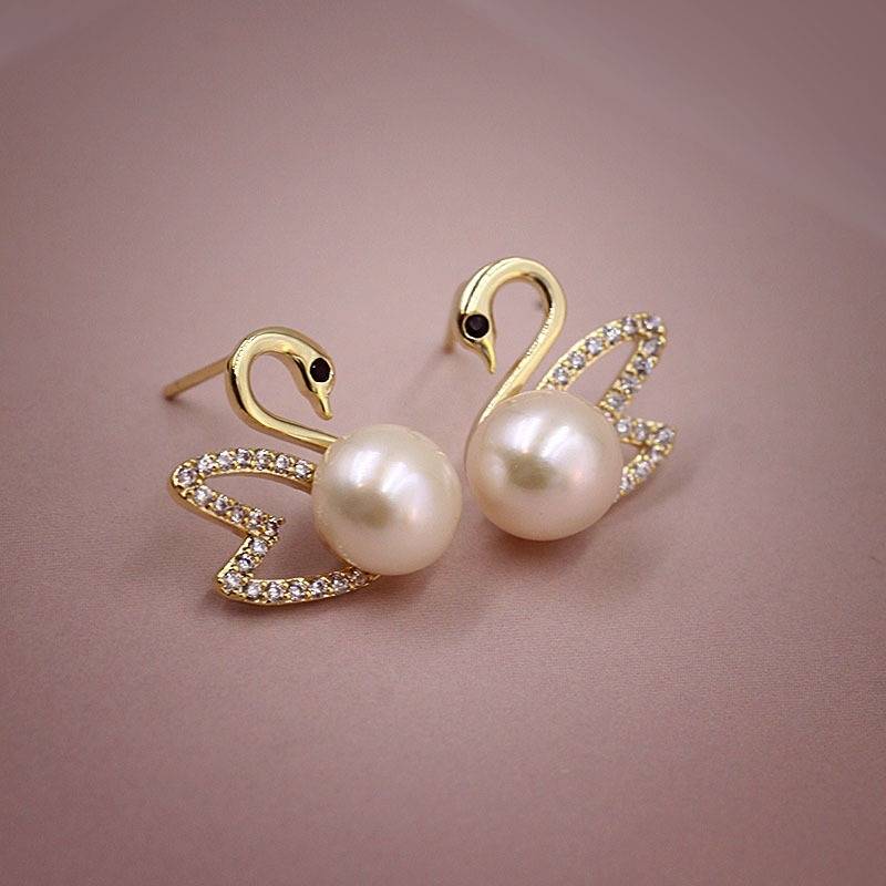 Pendientes de cisne de oro con diamantes - Pendientes de cisne de oro con perla
