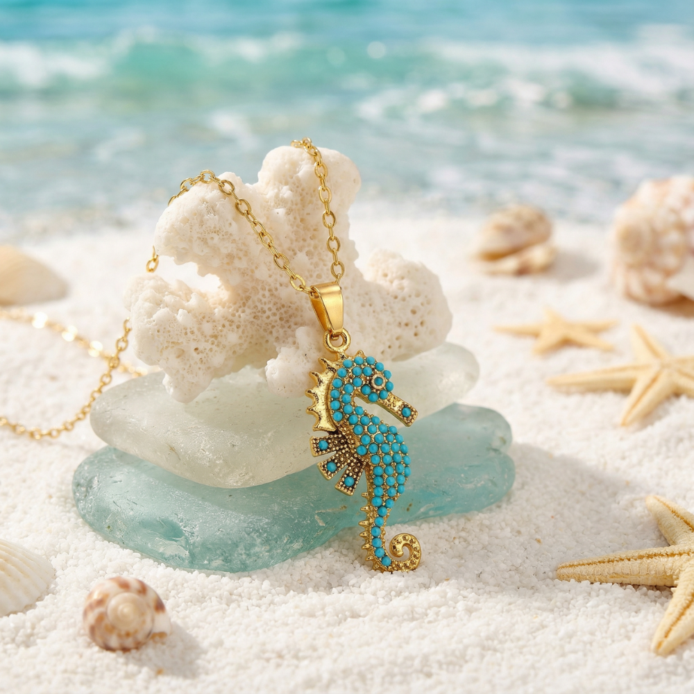 Collar de dama con colgante de caballito de mar en diseño océano