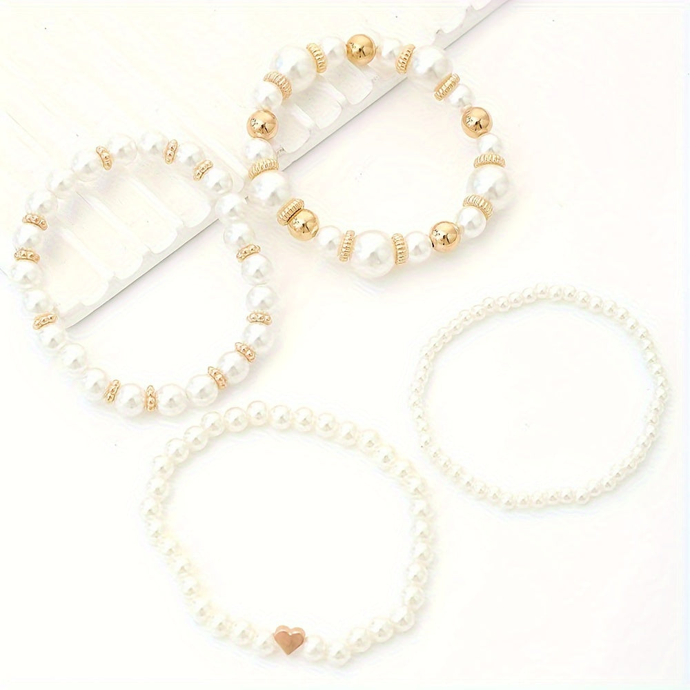 Elaine – Set de 4 Pulseras con Perlas Blancas Imitación