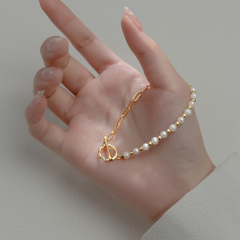 Pulsera de Perlas a Mitad - Pulsera de Eslabones con Perlas a Mitad