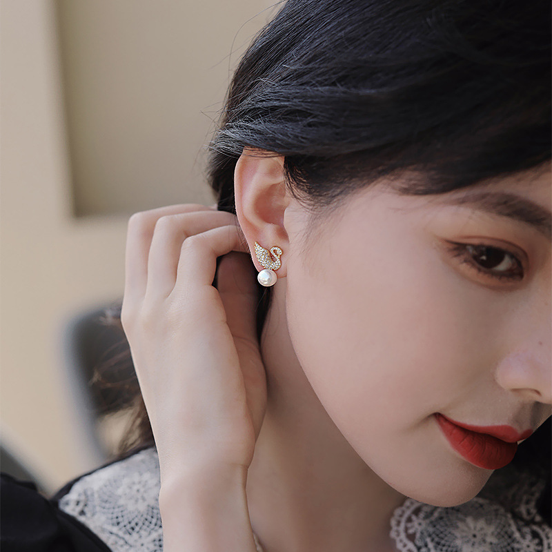 Pendientes de Cisne - Pendientes de Perla con Cisne