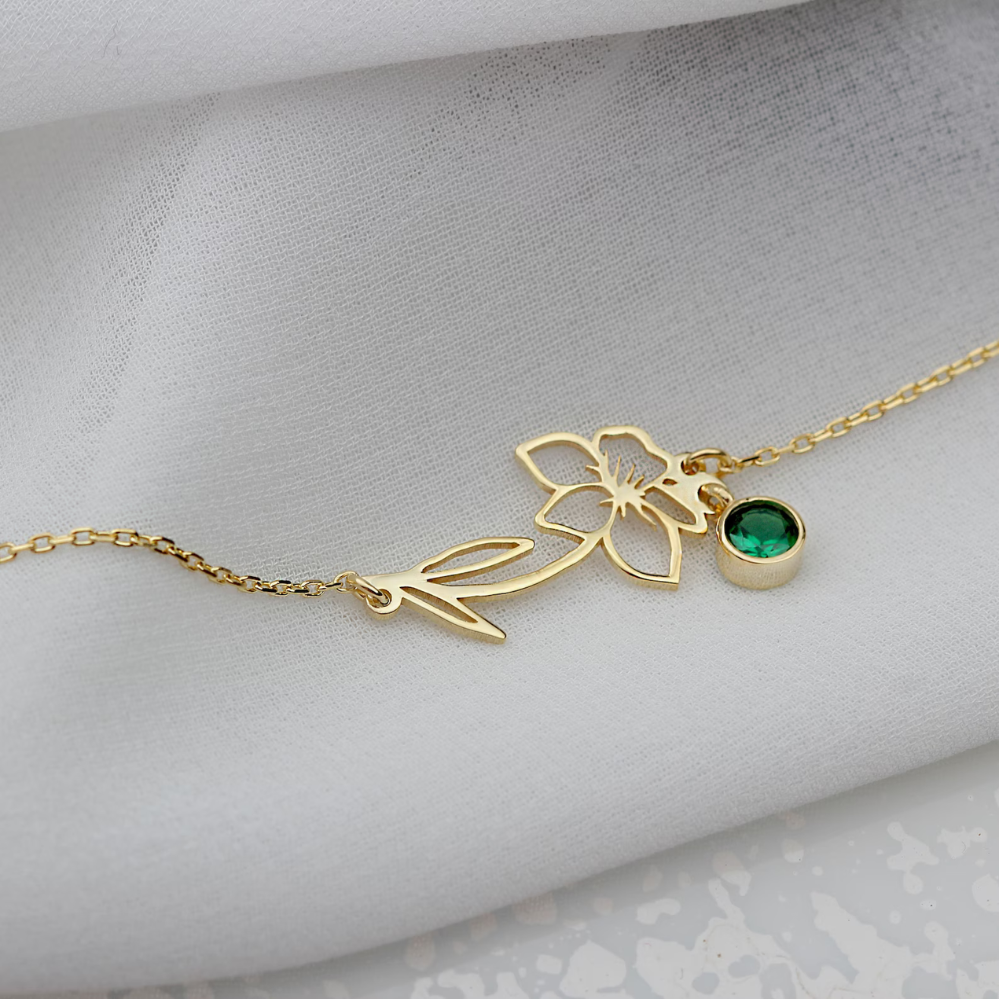 Pulsera de Cumpleaños Flor - Pulsera con Piedra de Nacimiento y Flor