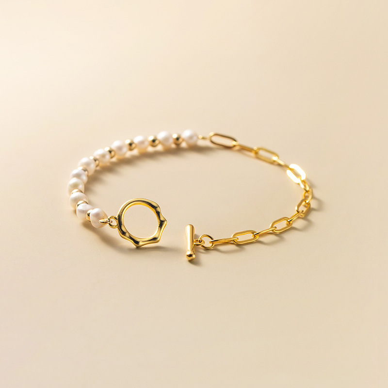 Pulsera de Perlas a Mitad - Pulsera de Eslabones con Perlas a Mitad
