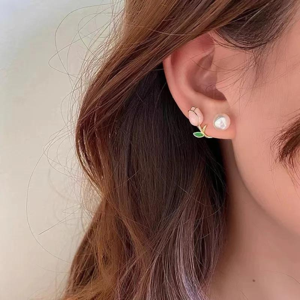 Pendientes de Perlas con Tulipanes - Pendientes de Perlas con Flores Violeta