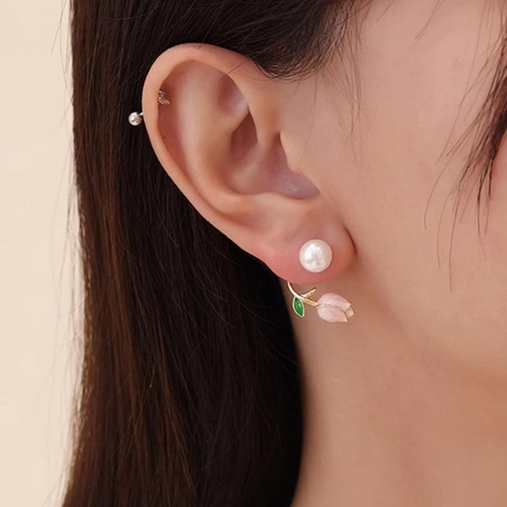 Pendientes de Perlas con Tulipanes - Pendientes de Perlas con Flores Violeta