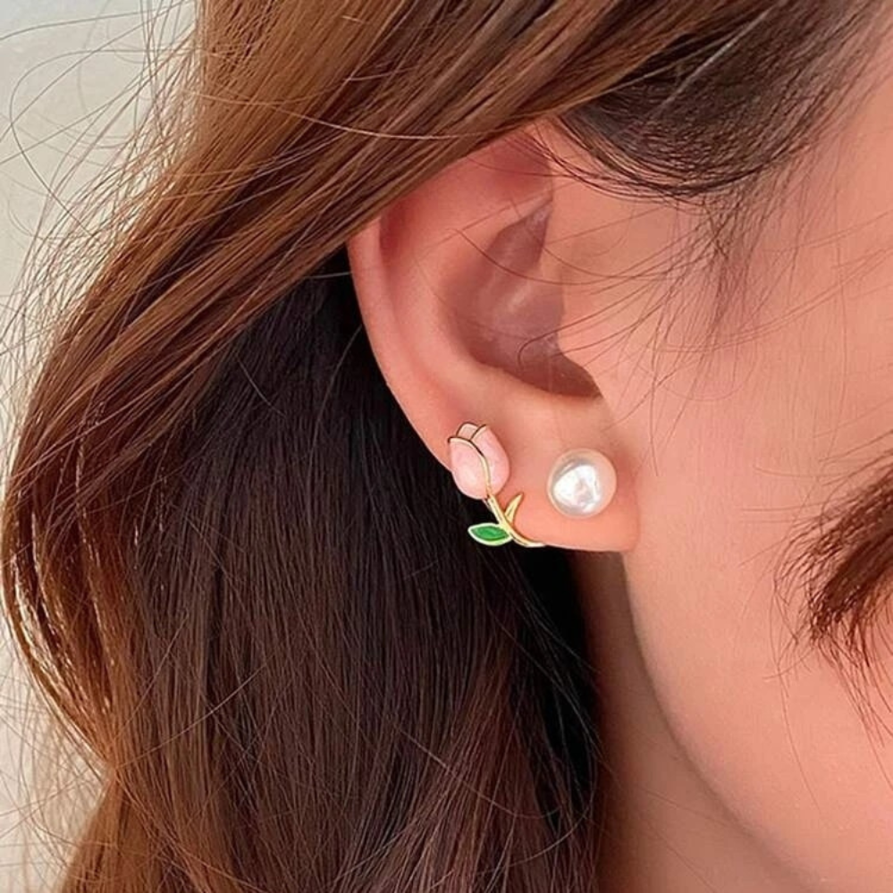 Pendientes de Perlas con Tulipanes - Pendientes de Perlas con Flores Violeta