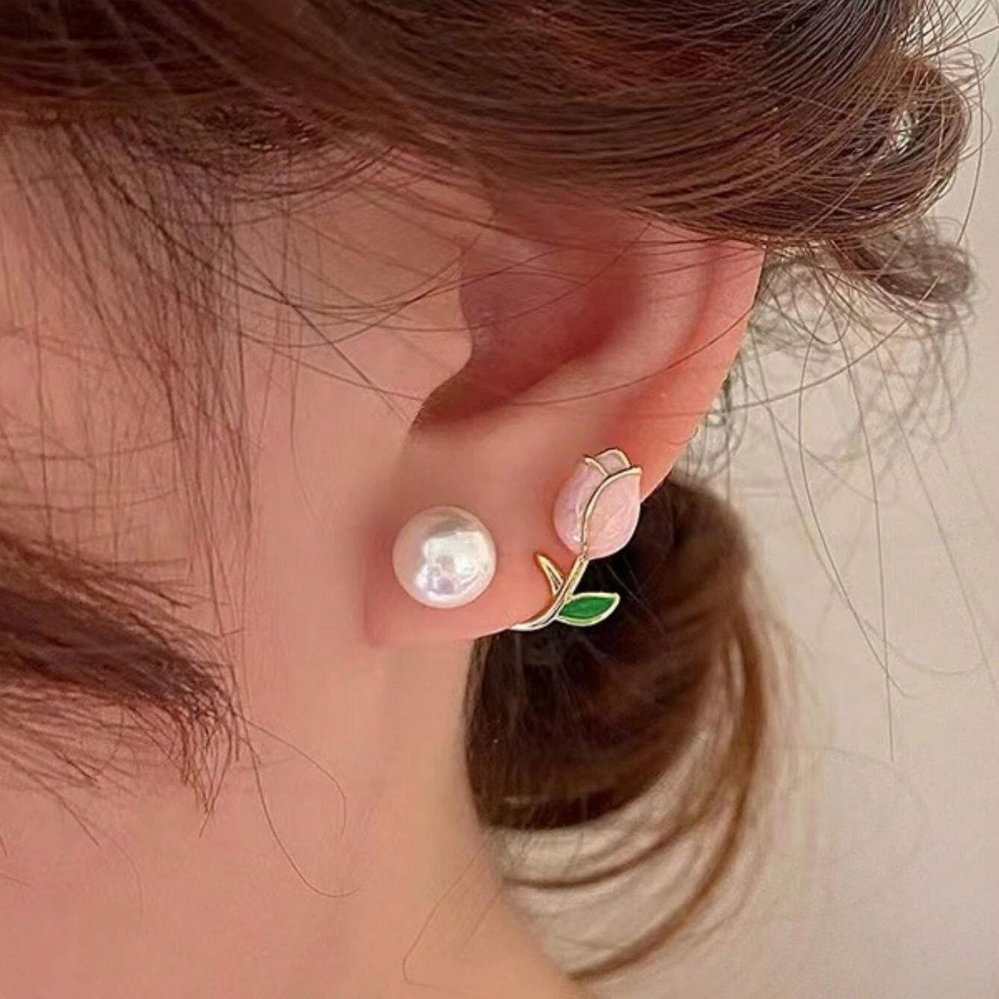 Pendientes de Perlas con Tulipanes - Pendientes de Perlas con Flores Violeta