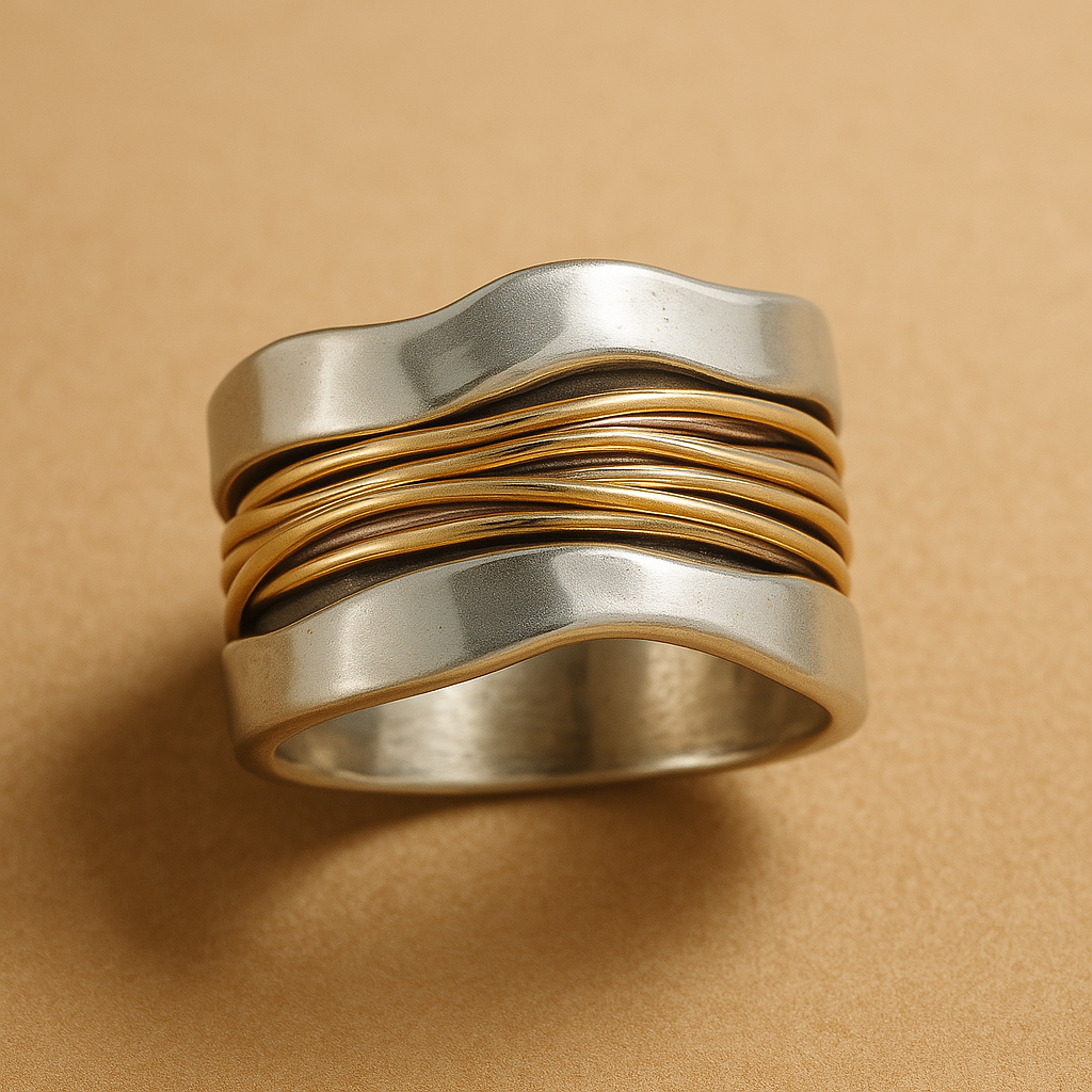 Thalia – Anillo de Plata con Hilos Dorados entrelazados