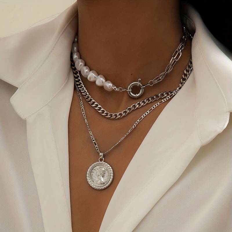 Collar con Perla y Colgante Vintage - 3pcs Collar con Colgantes y Perla