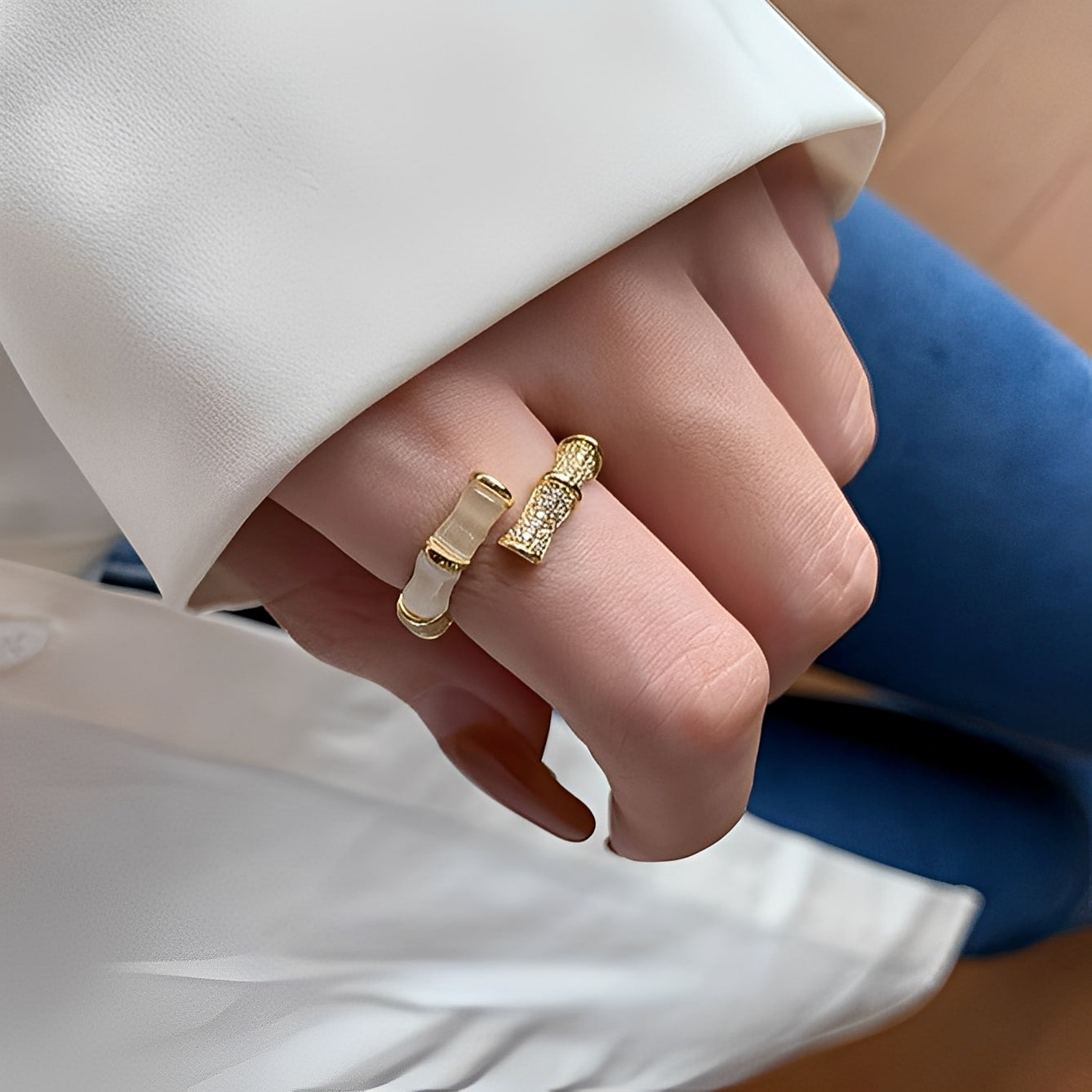 Lysiane – Anillo Ajustable en Forma de Bambú en Oro