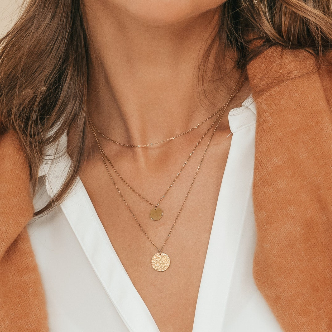 Conjunto de Colgante Redondo - Collar de 3 Capas con Discos