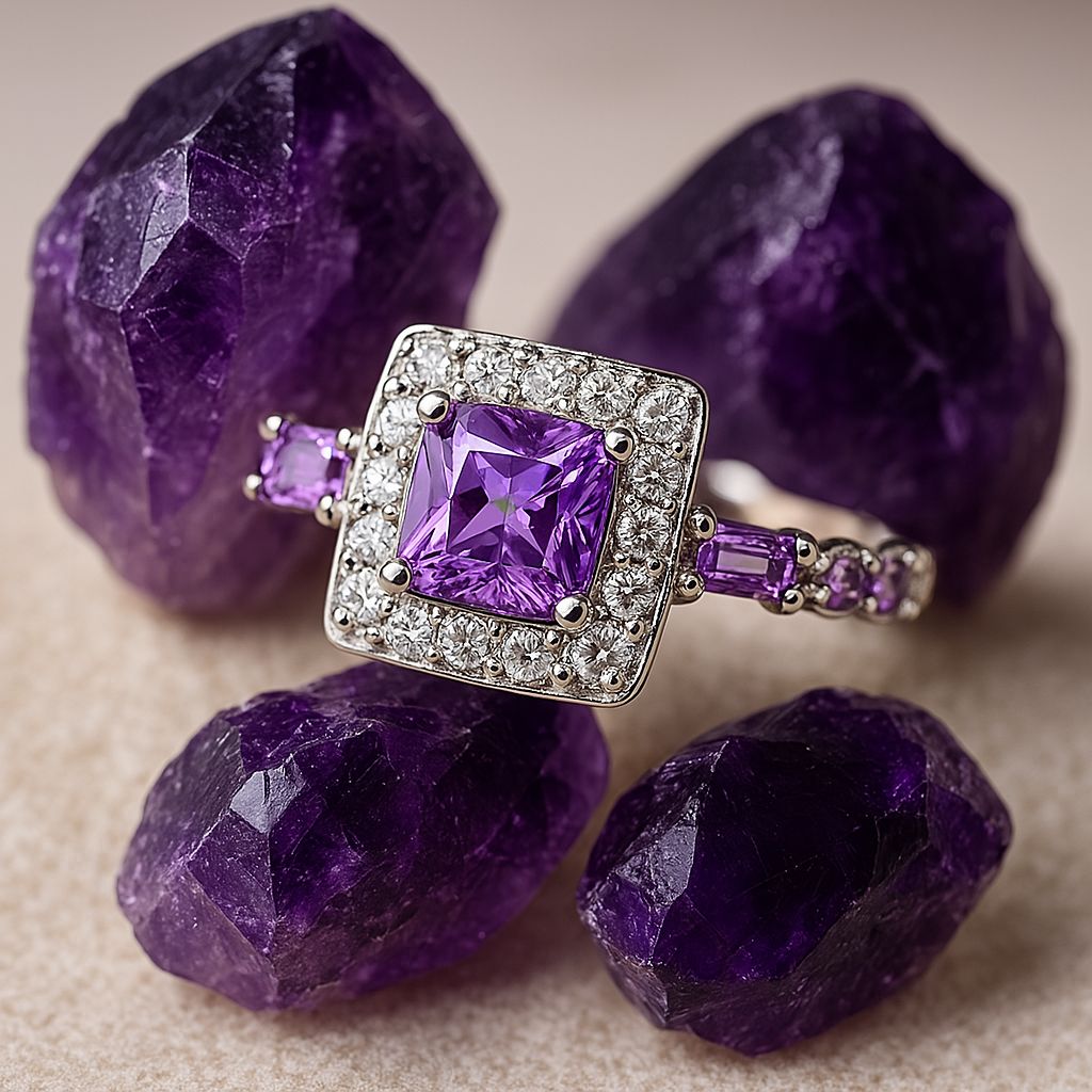 Lyra – Anillo Cuadrado en Ametista Cristal