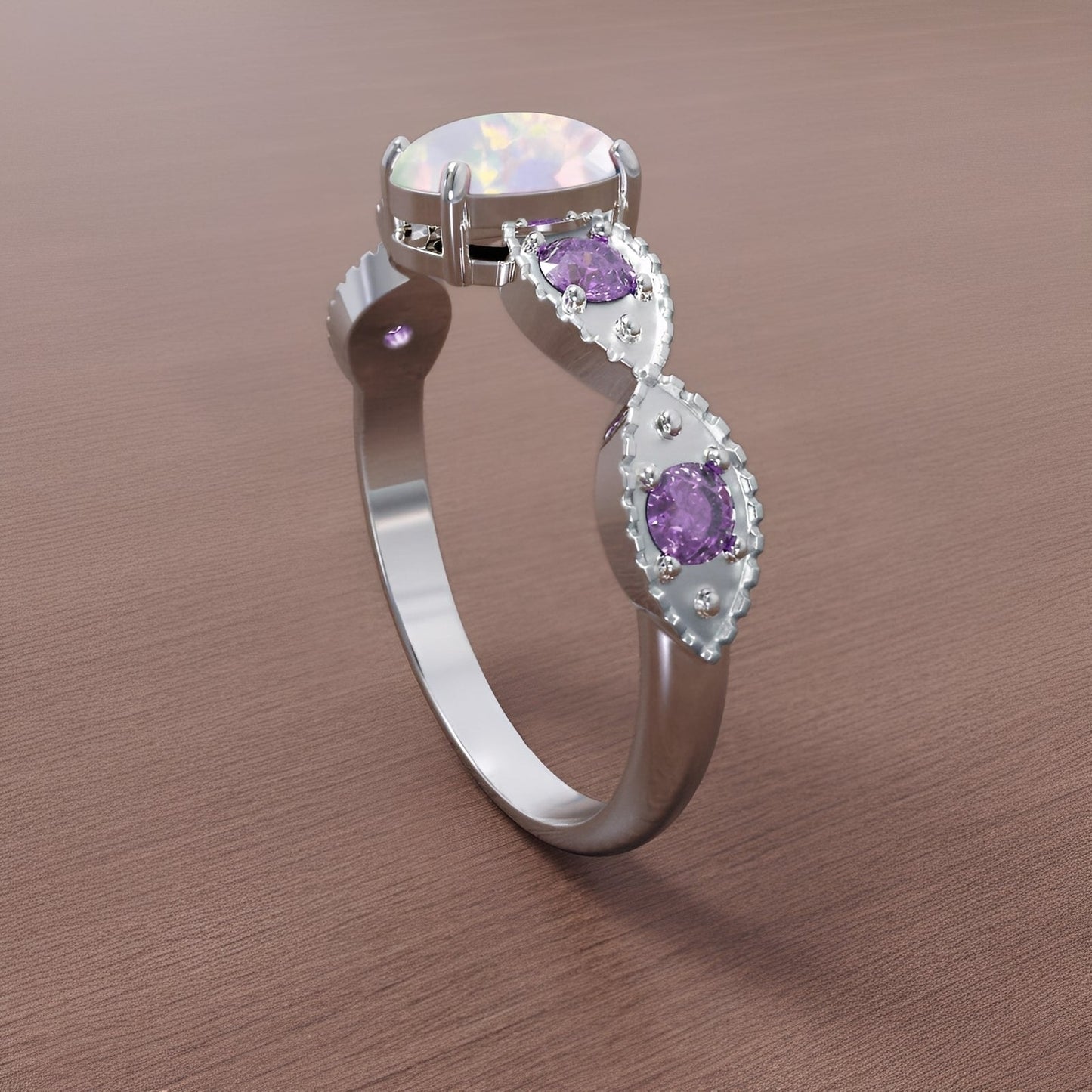 Valka – Anillo Ópalo Blanco & Amatista