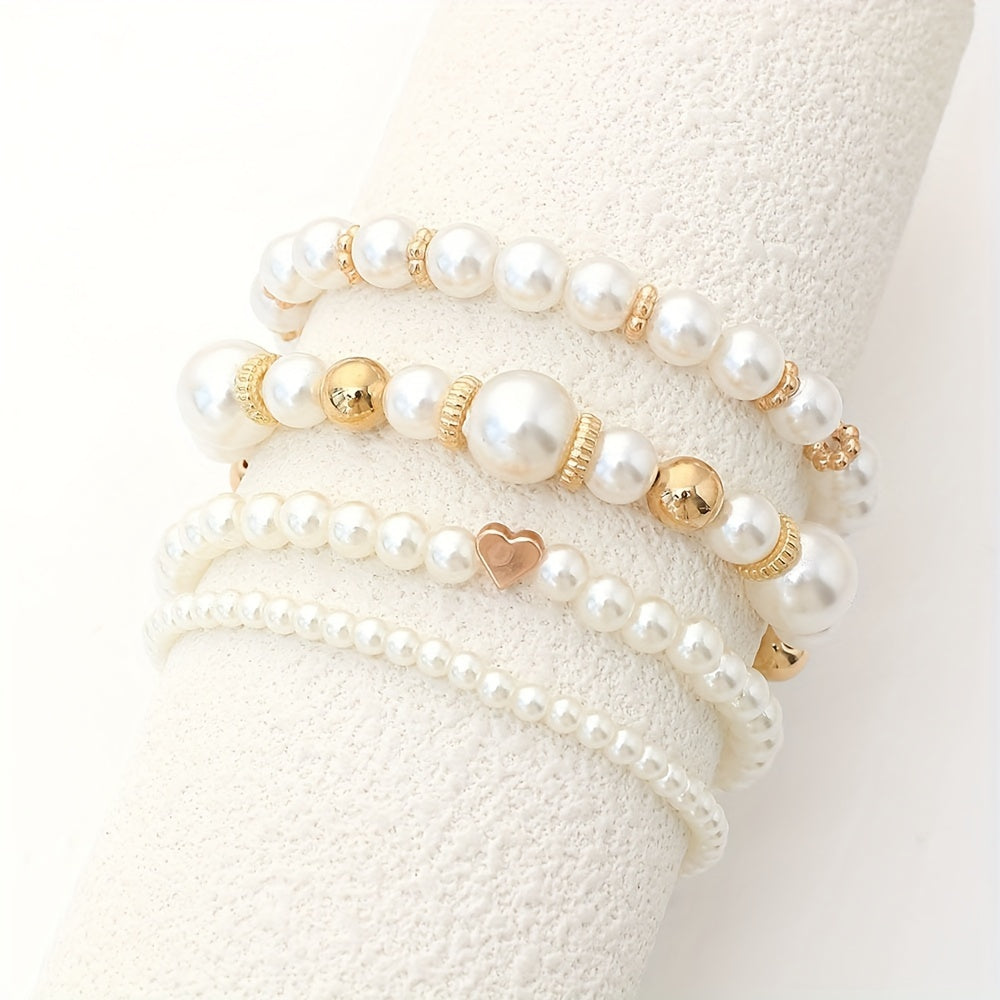 Elaine – Set de 4 Pulseras con Perlas Blancas Imitación