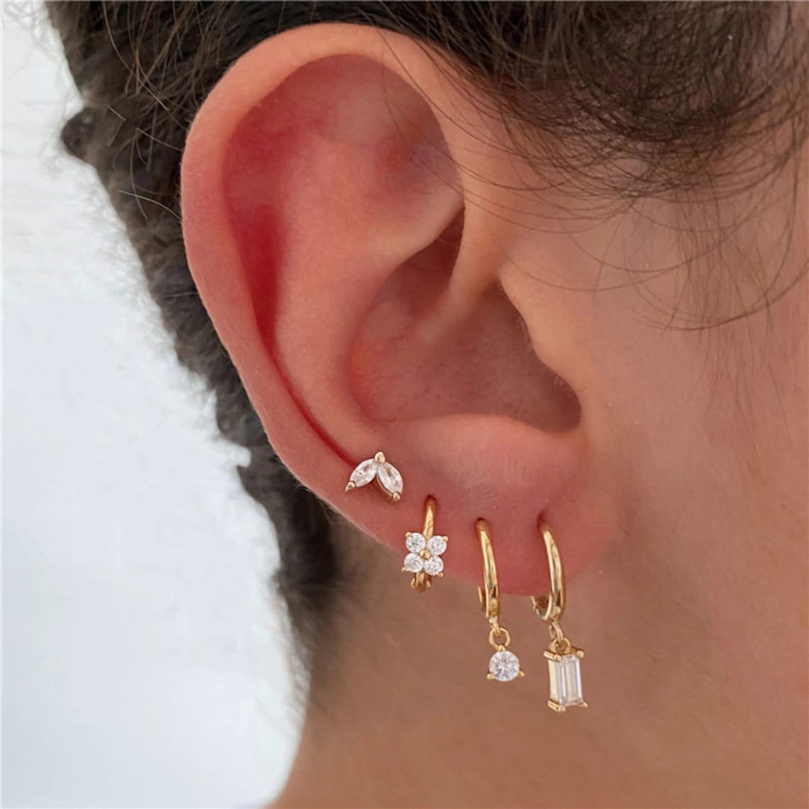 Set de pendientes de 4 piezas - Geometría de Marquise y flor de circonia
