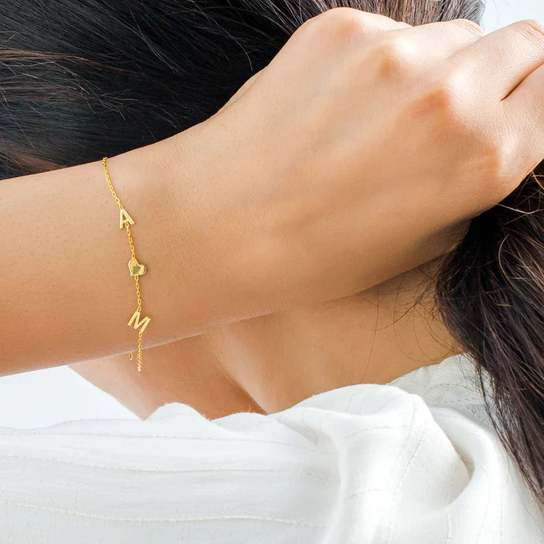 Pulsera de Corazón con Iniciales Dobles - Pulsera de Corazón de Doble Amor para Ella
