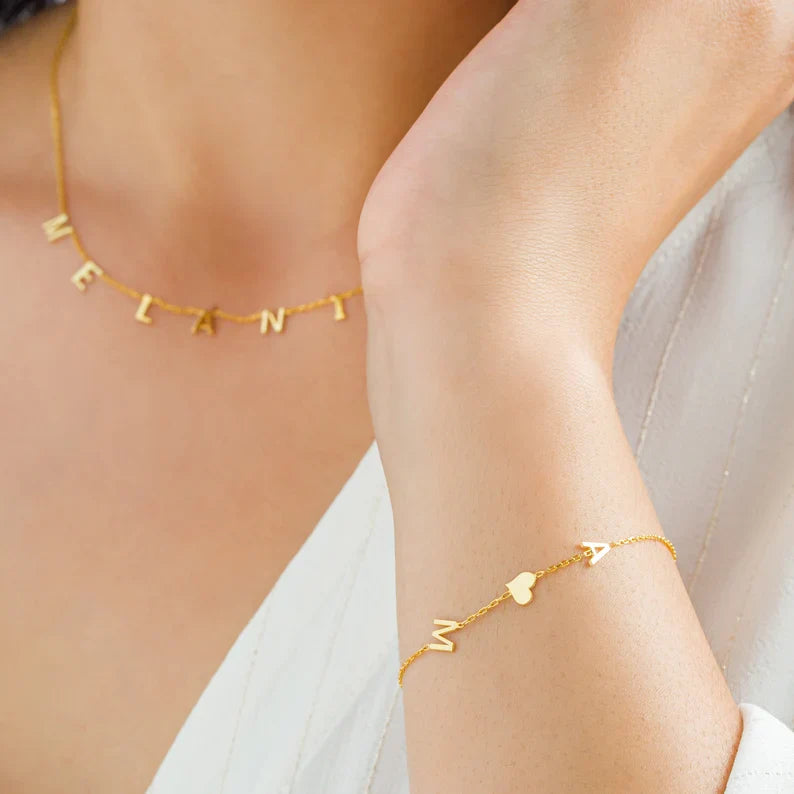 Pulsera de Corazón con Iniciales Dobles - Pulsera de Corazón de Doble Amor para Ella