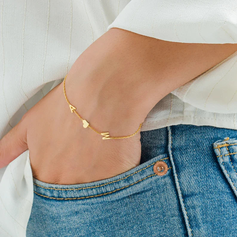 Pulsera de Corazón con Iniciales Dobles - Pulsera de Corazón de Doble Amor para Ella