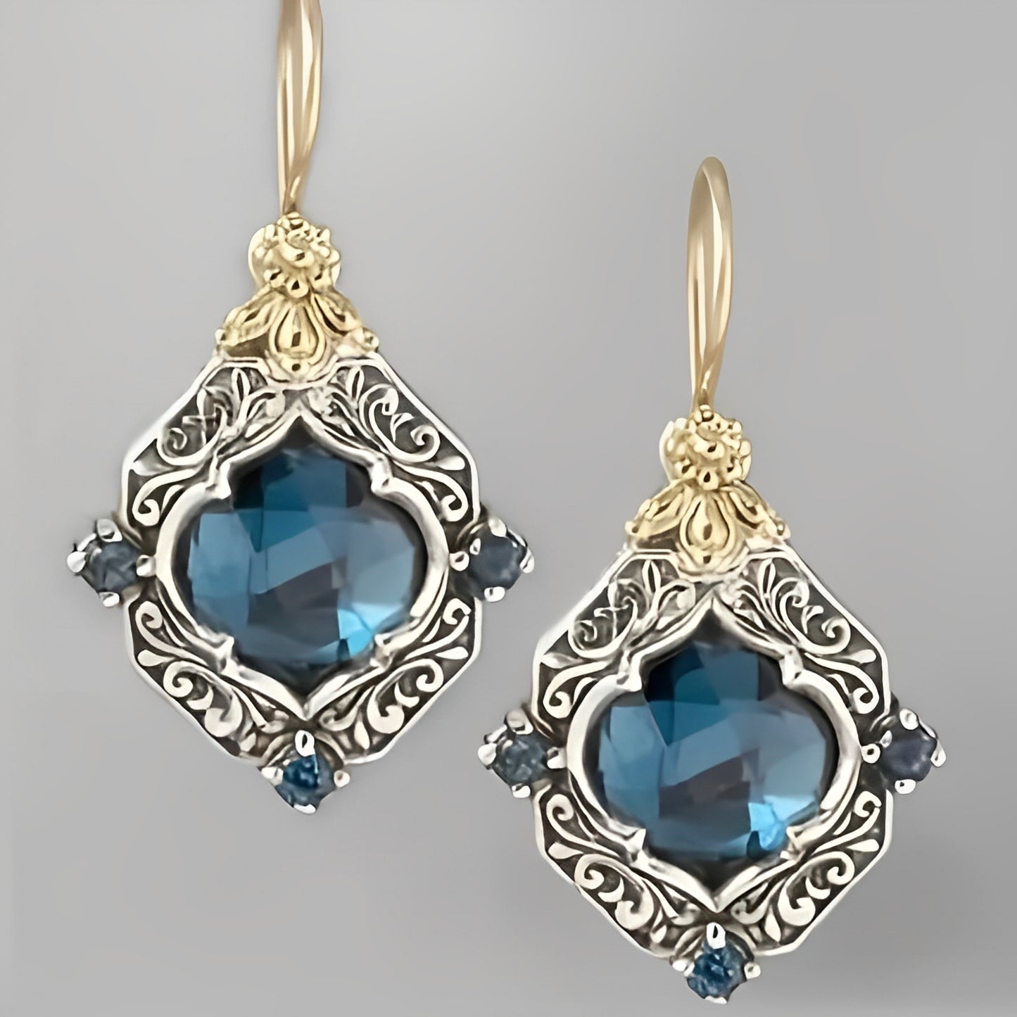 Estelle – Pendientes Vintage en Oro y Plata con Cristal Azul