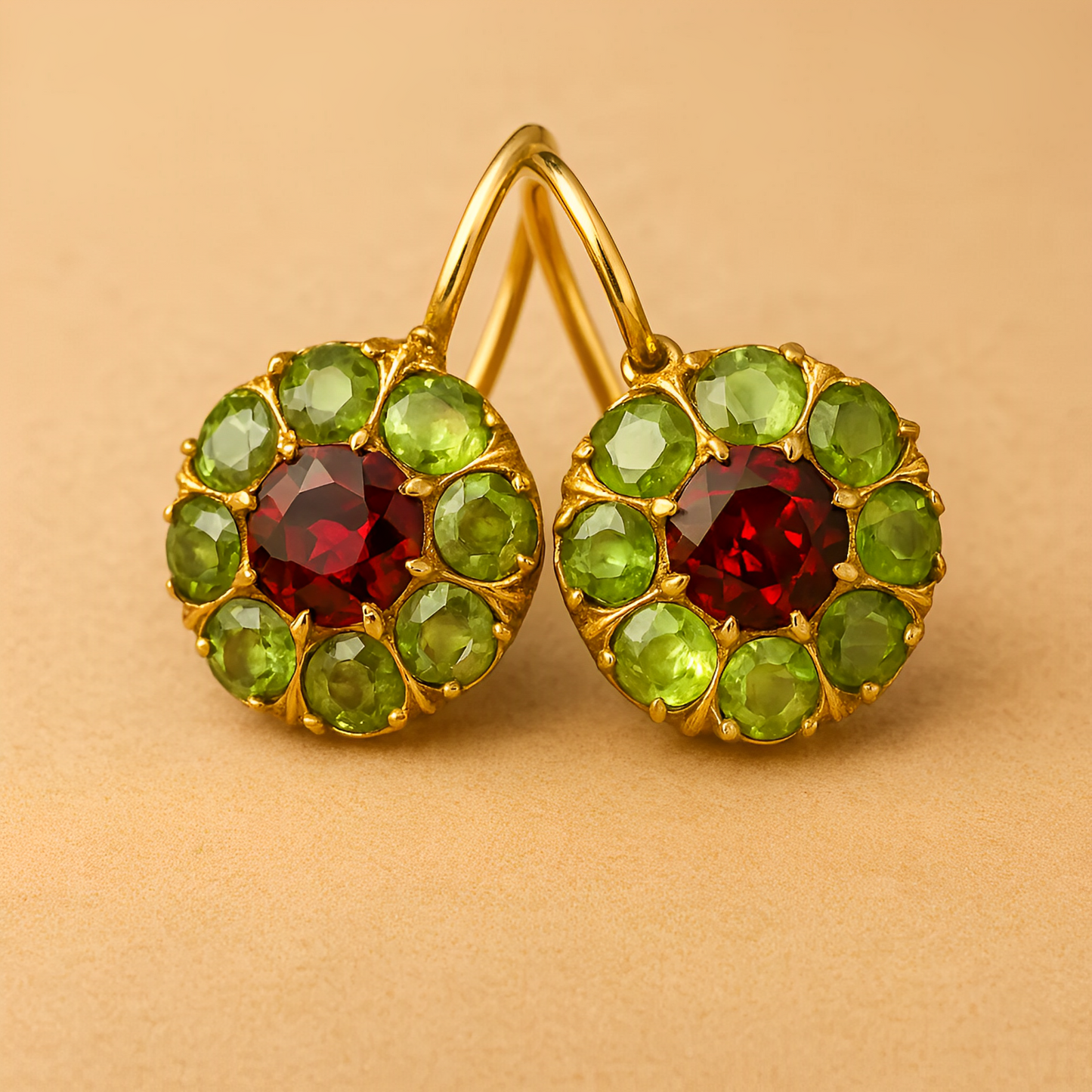 Selene – Pendientes Retro Redondos con Cristales Verdes y Rojos