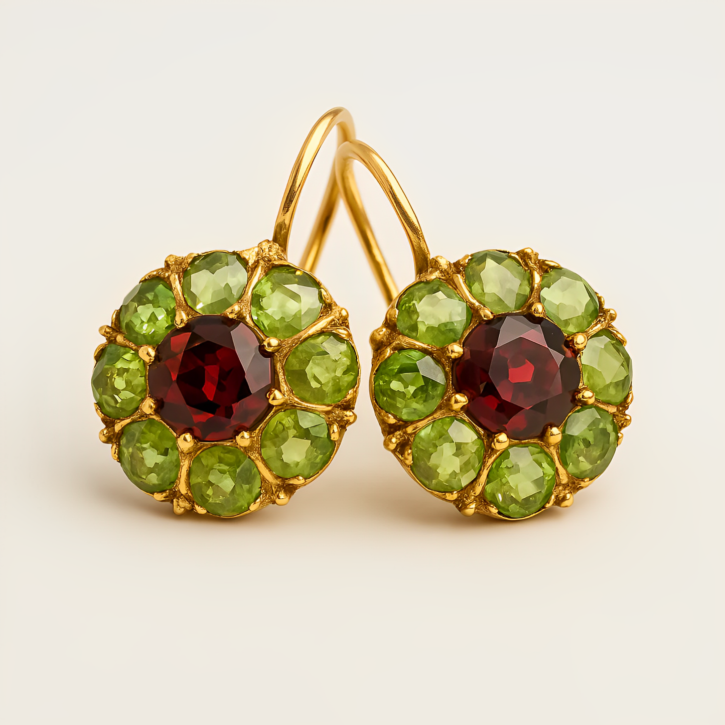 Selene – Pendientes Retro Redondos con Cristales Verdes y Rojos