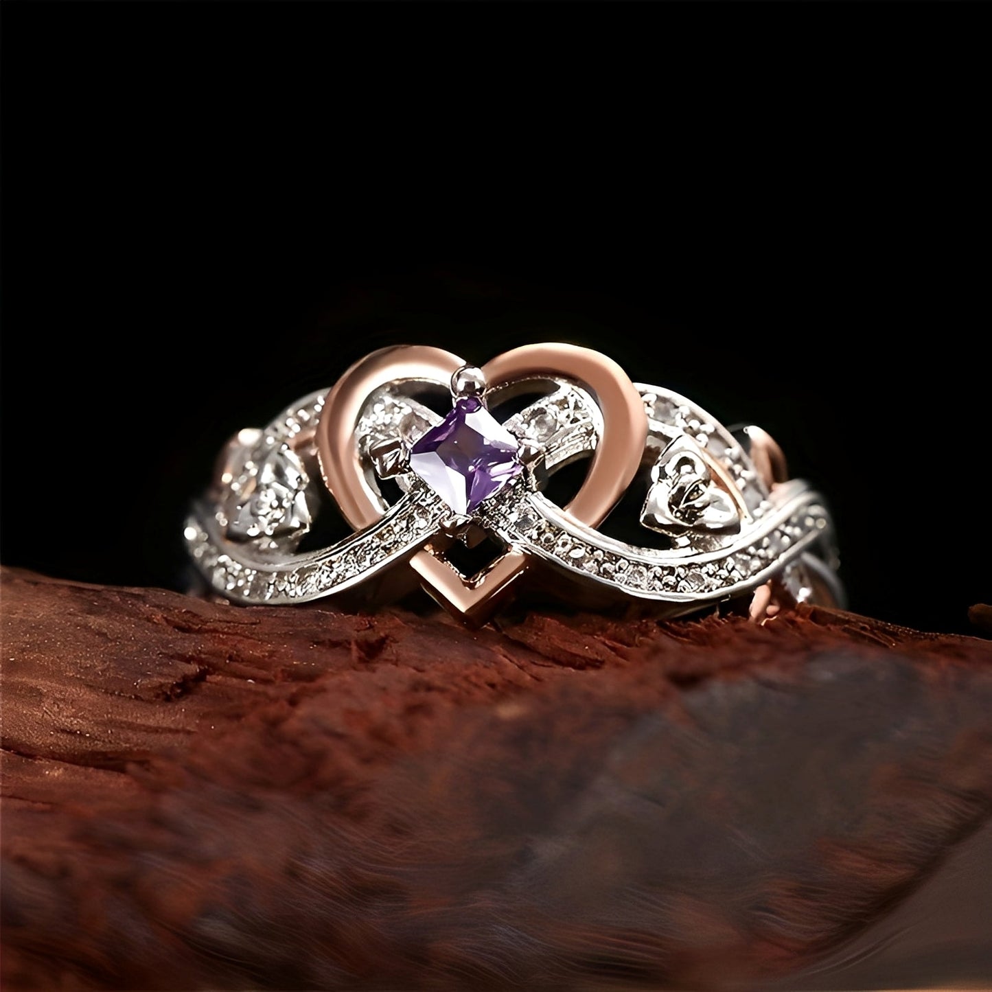 Monica – Anillo Corazón Violeta Brillo Oro & Plata