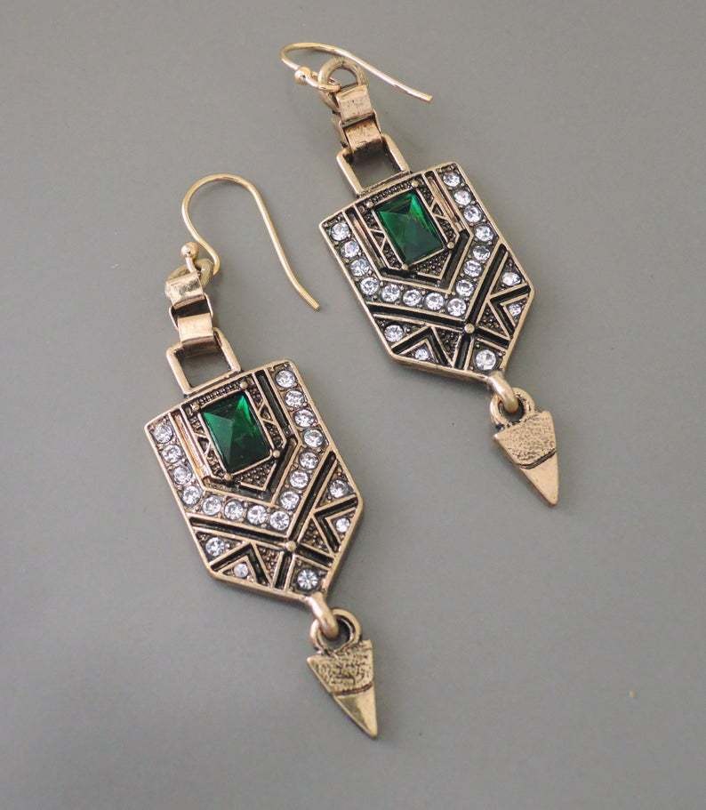 Stacey – Pendientes Vintage Geométricos Verde & Oro