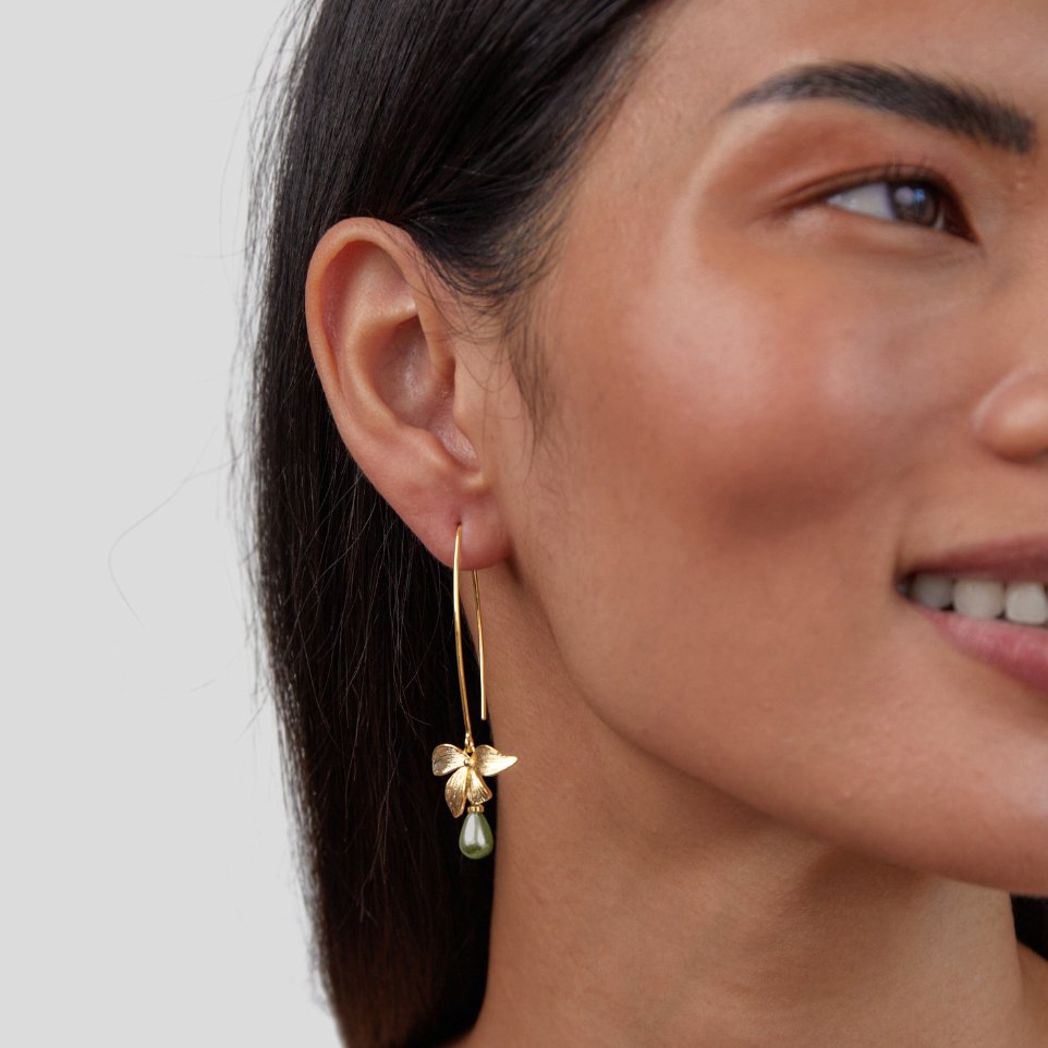Jade – Aretes Colgantes de Perla y Pétalo