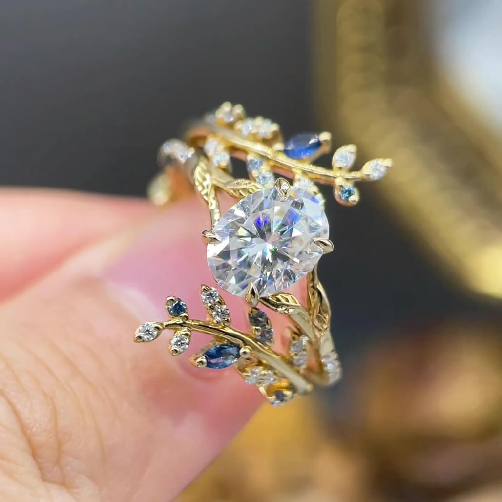 Oval Cut Diamond White Yellow Gold Sterling Silver Nature-Inspired Leaf Branch Bridal Ring Set