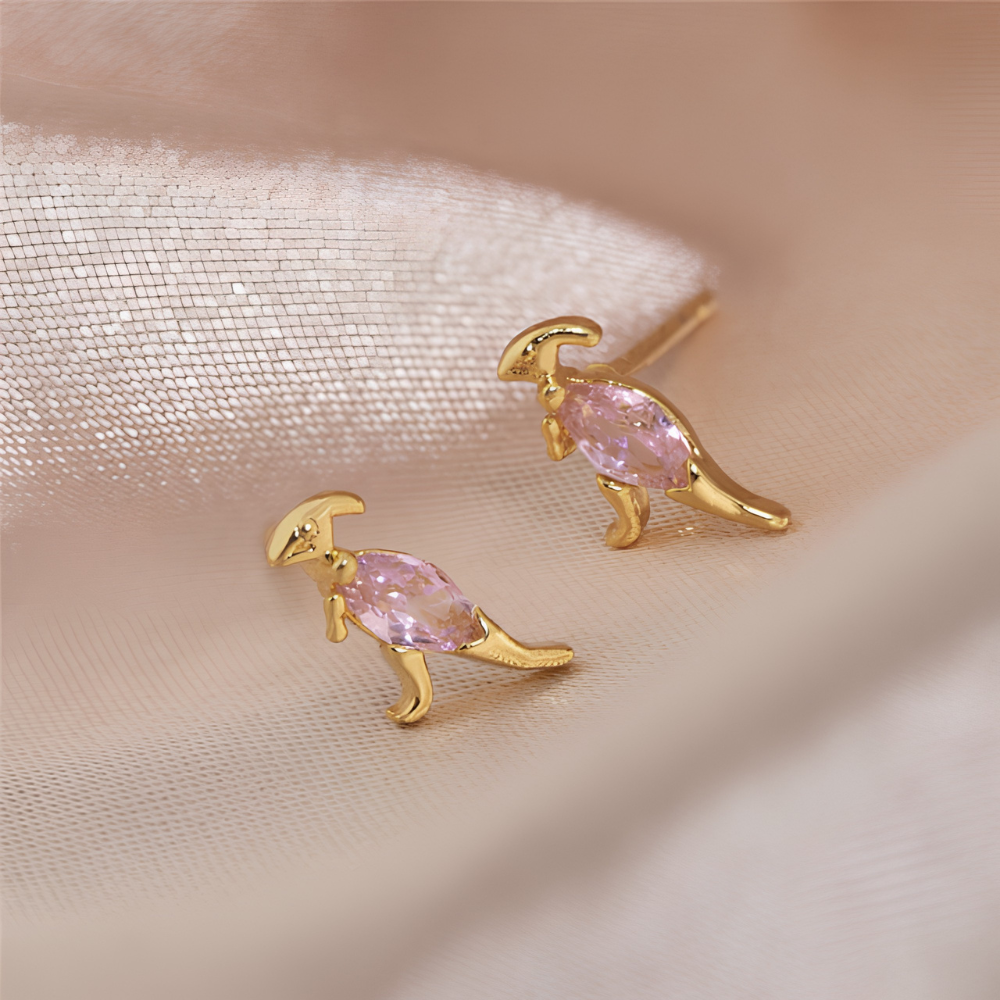 Pendientes de Dama Dino en Par con Diseño de Dinosaurio y Detalles de Piedra Preciosa