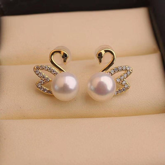 Pendientes de cisne de oro con diamantes - Pendientes de cisne de oro con perla