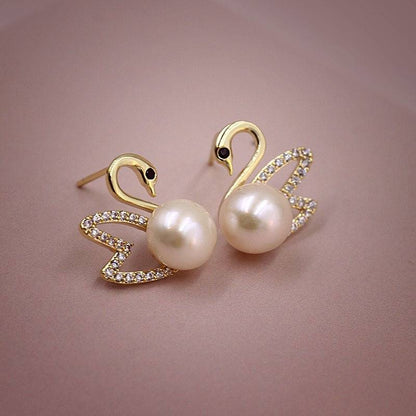 Pendientes de cisne de oro con diamantes - Pendientes de cisne de oro con perla