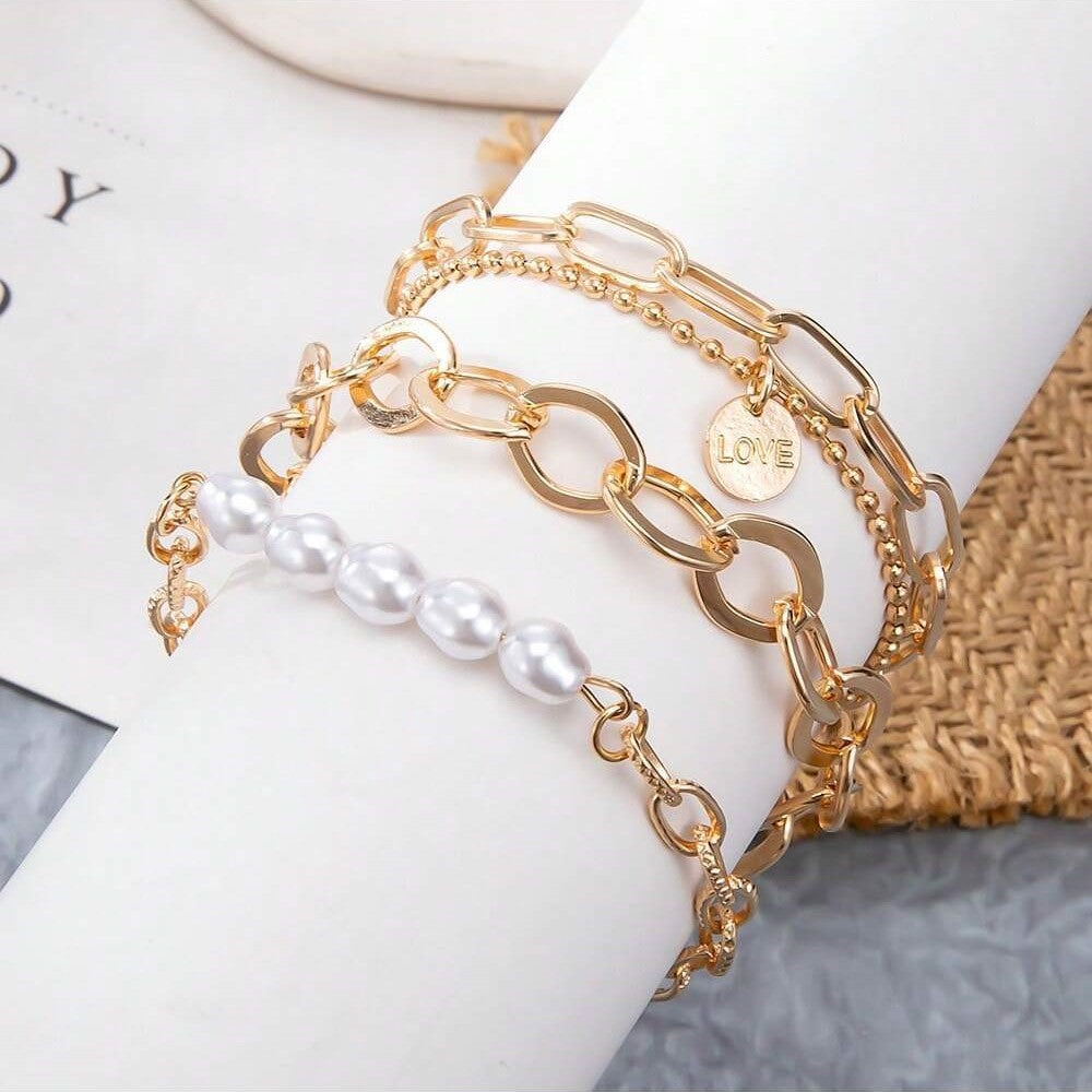 Conjunto de pulsera de perlas doradas de 3 piezas - conjunto de cadena grande