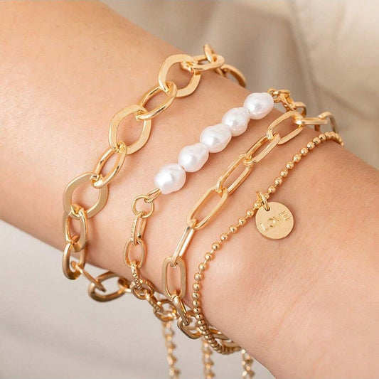 Conjunto de pulsera de perlas doradas de 3 piezas - conjunto de cadena grande