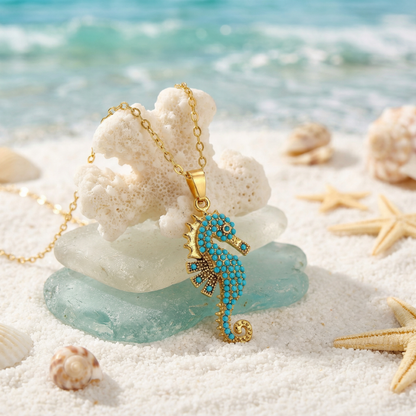 Collar de dama con colgante de caballito de mar en diseño océano