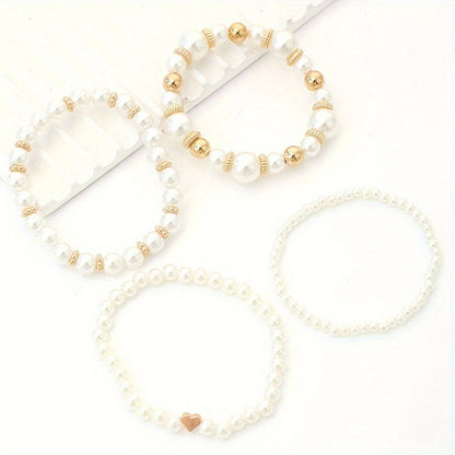Elaine – Set de 4 Pulseras con Perlas Blancas Imitación
