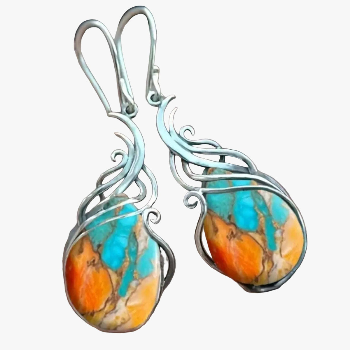 Pendientes de oreja colgantes de mujer con piedras ovales y diseño de llama curvada