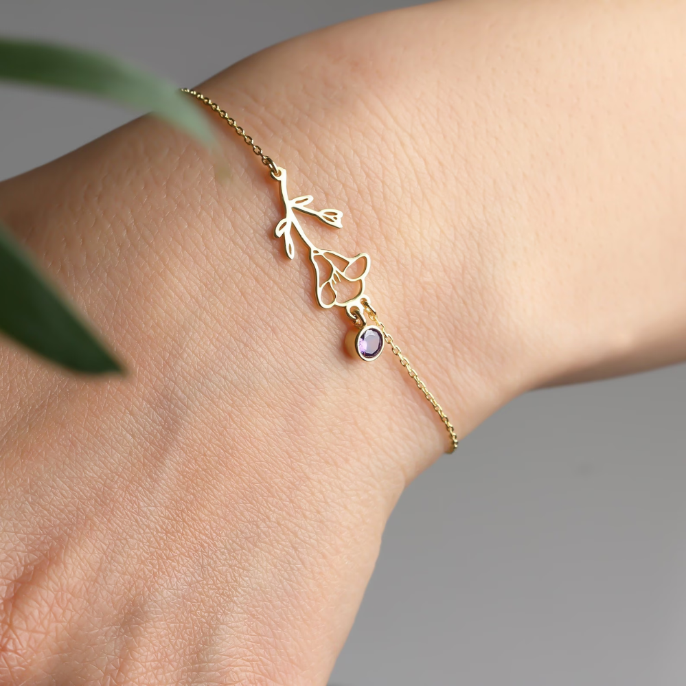 Pulsera de Cumpleaños Flor - Pulsera con Piedra de Nacimiento y Flor