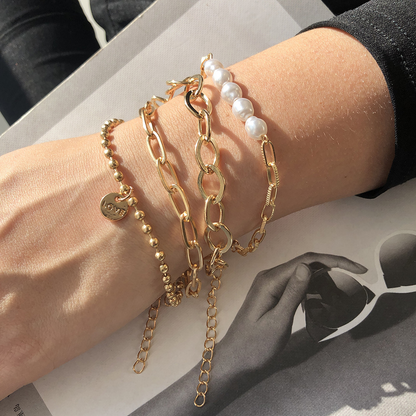 Conjunto de pulsera de perlas doradas de 3 piezas - conjunto de cadena grande