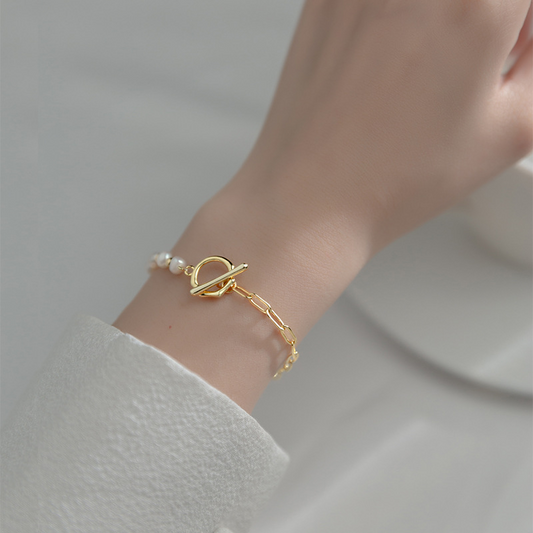 Pulsera de Perlas a Mitad - Pulsera de Eslabones con Perlas a Mitad