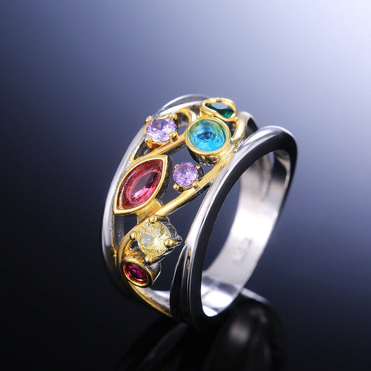 Zelina – Anillo Vintage Bicolor con Circonitas Multicolores Brillantes