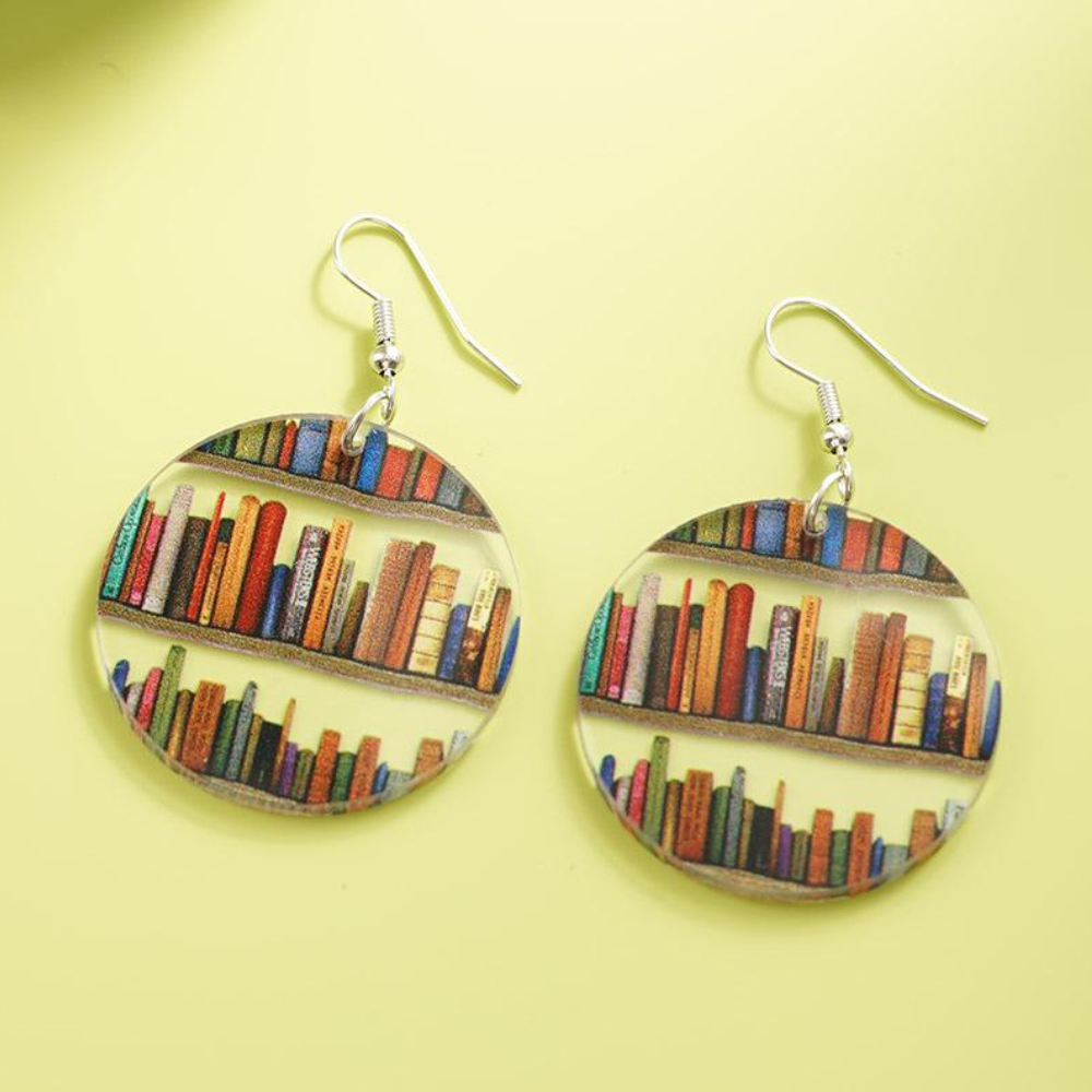 Pendientes de mujer con motivo de libro y biblioteca