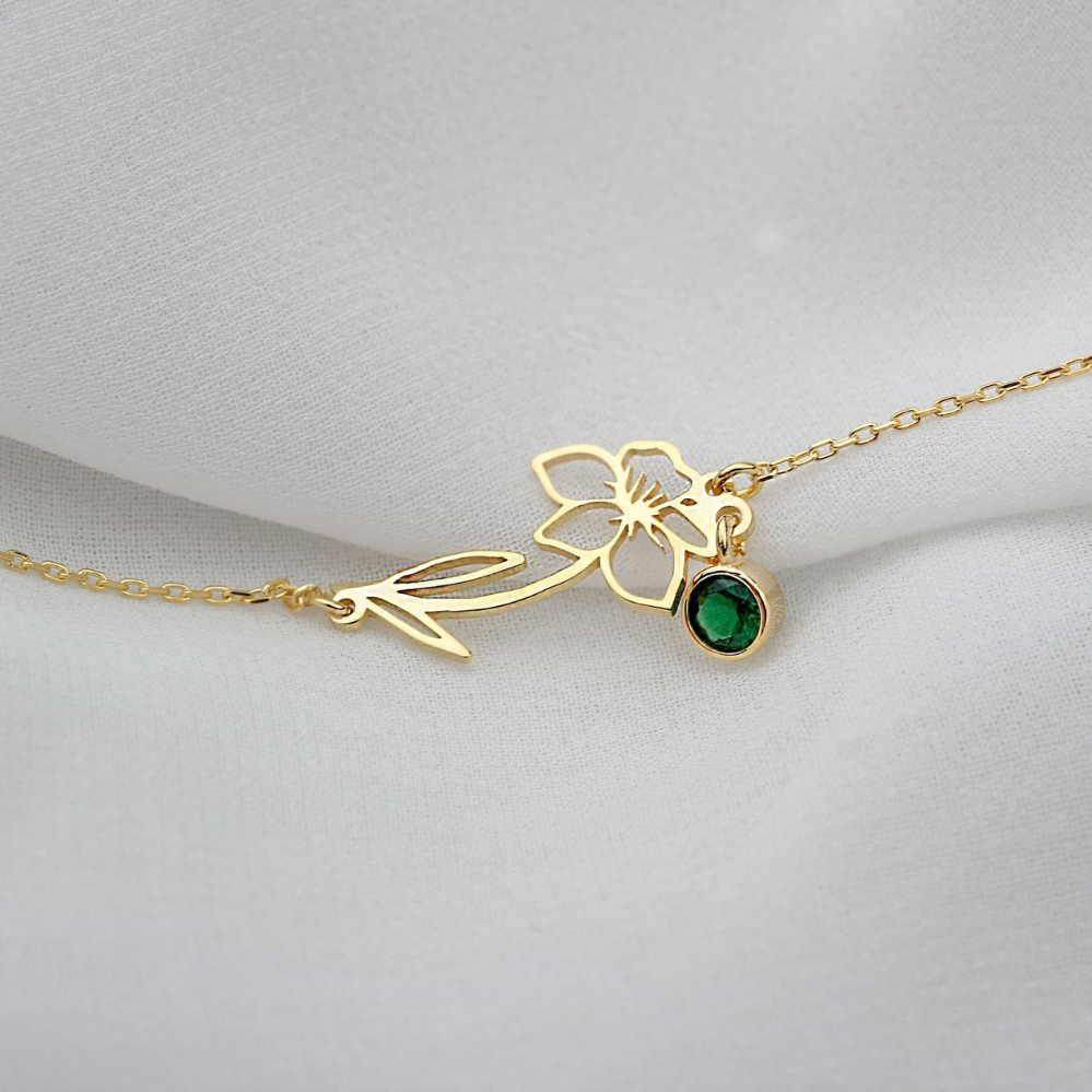 Pulsera de Cumpleaños Flor - Pulsera con Piedra de Nacimiento y Flor