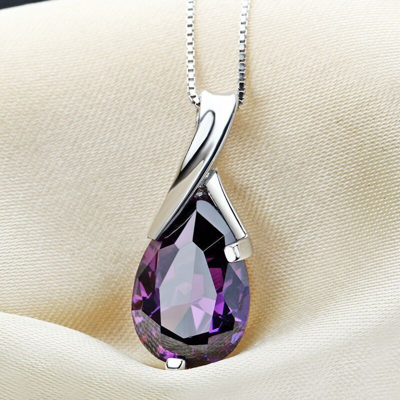 Pear Cut Amethyst Purple 925 Sterling Silver 16 Inch Necklace
