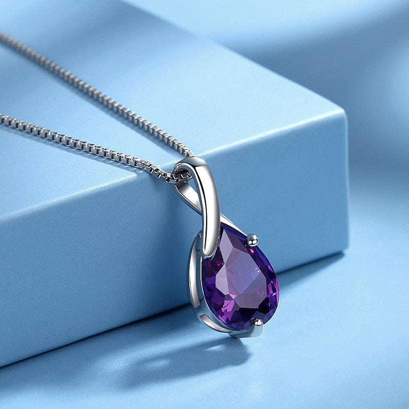 Pear Cut Amethyst Purple 925 Sterling Silver 16 Inch Necklace