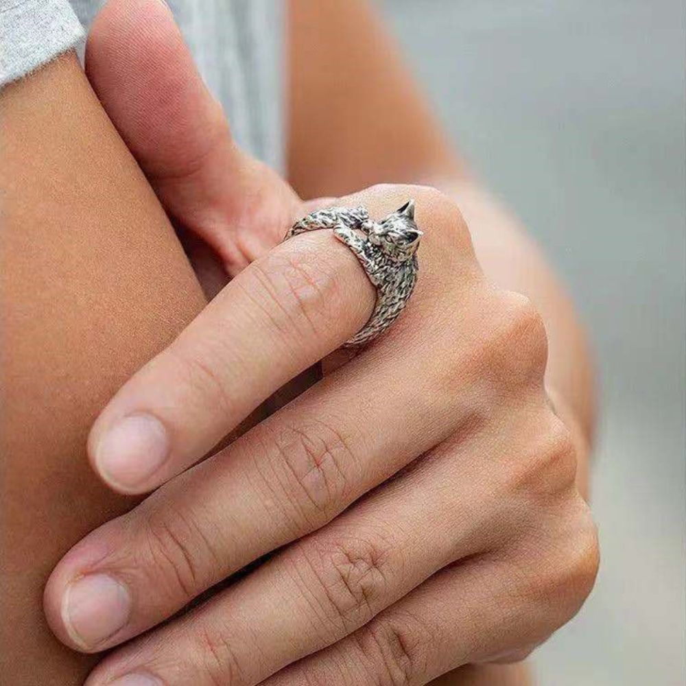 Anillo ajustable de mujer con motivo de gato abrazador