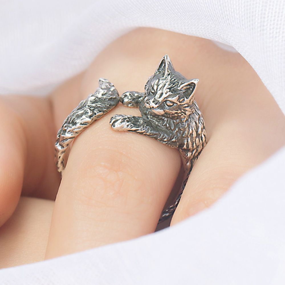 Anillo ajustable de mujer con motivo de gato abrazador