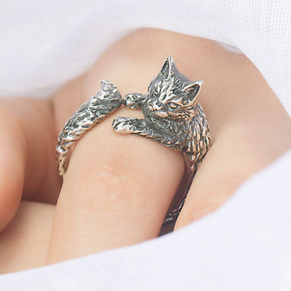 Anillo ajustable de mujer con motivo de gato abrazador