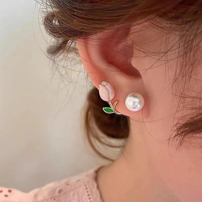 Pendientes de Perlas con Tulipanes - Pendientes de Perlas con Flores Violeta